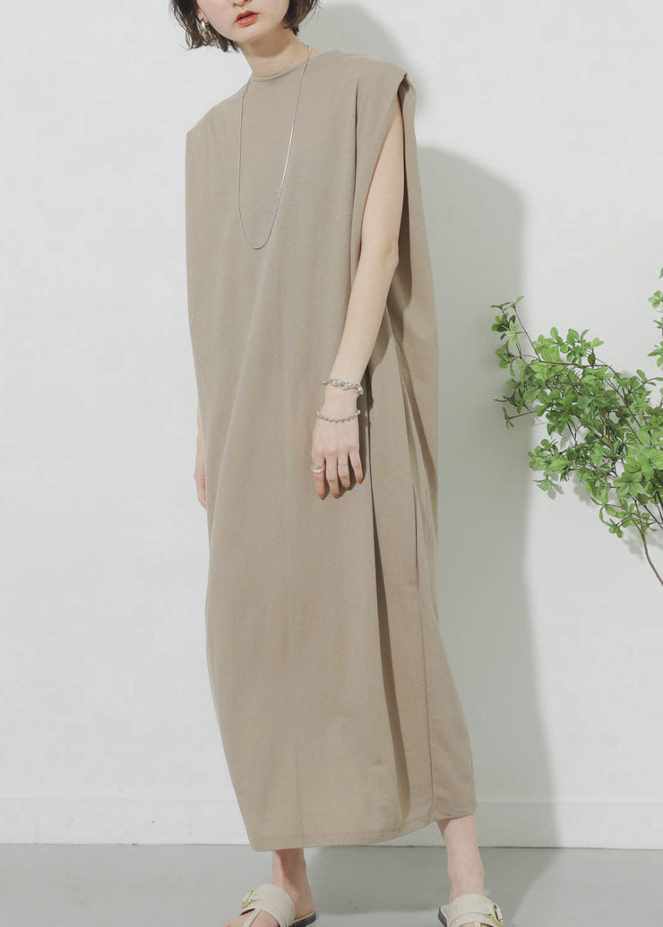 Khaki O-Neck Solid Maxi Dress Summer