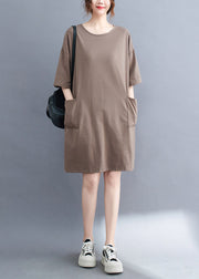 Khaki Oversized Cotton Dress O-Neck Pockets Summer