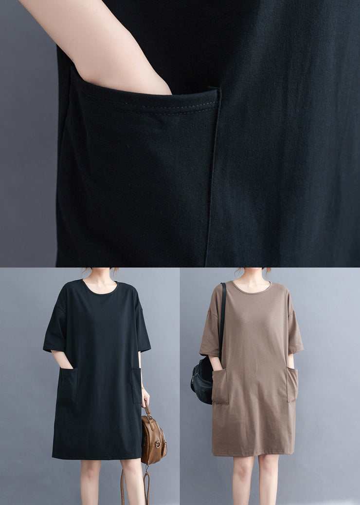 Khaki Oversized Cotton Dress O-Neck Pockets Summer