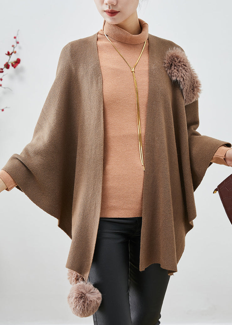 Khaki Oversized Knit Cardigan Fuzzy Ball Decorated Cloak Sleeves