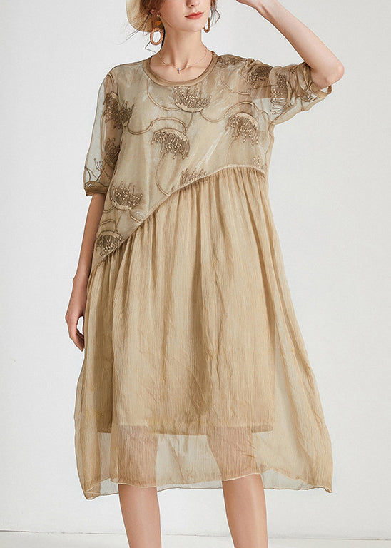 Khaki Patchwork Chiffon Long Dresses O Neck Short Sleeve