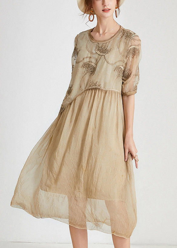 Khaki Patchwork Chiffon Long Dresses O Neck Short Sleeve