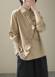 Khaki Patchwork Cotton Blouse Top Ruffled Long Sleeve