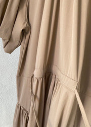 Khaki Patchwork Cotton Dresses Wrinkled Puff Sleeve