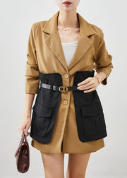 Khaki Patchwork Cotton Filled Coat Peter Pan Collar Fall