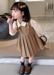 Khaki Patchwork Cotton Girls Dresses Peter Pan Collar Long Sleeve