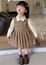 Khaki Patchwork Cotton Girls Dresses Peter Pan Collar Long Sleeve