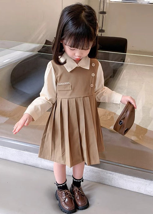 Khaki Patchwork Cotton Girls Dresses Peter Pan Collar Long Sleeve