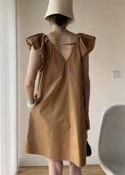 Khaki Patchwork Cotton Mid Dresses V Neck Wrinkled Summer