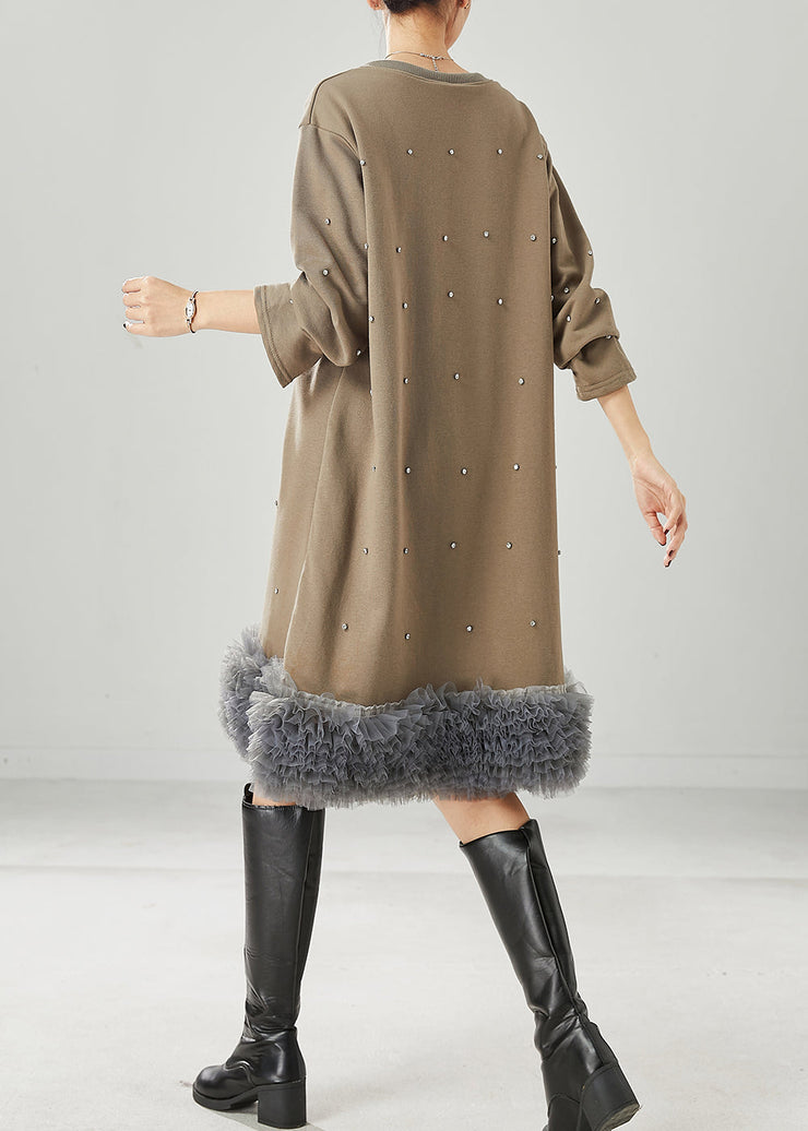 Khaki Patchwork Cotton Sweatshirts Dress Oversized Ruffled Spring