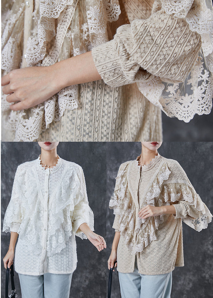 Khaki Patchwork Lace Blouses Ruffled Hollow Out Spring