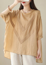 Khaki Patchwork Linen Shirt Oversized Low High Design Summer