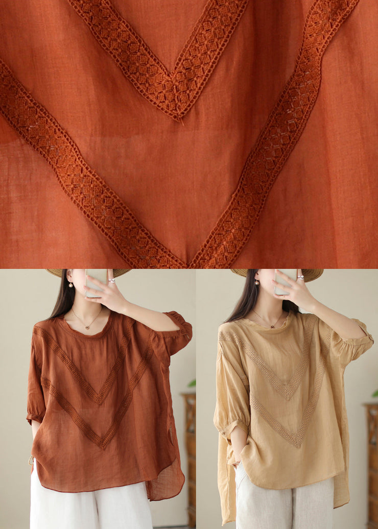 Khaki Patchwork Linen Shirt Oversized Low High Design Summer