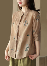 Khaki Patchwork Linen Tops Embroideried Stand Collar Button Summer