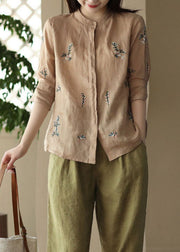 Khaki Patchwork Linen Tops Embroideried Stand Collar Button Summer