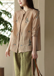 Khaki Patchwork Linen Tops Embroideried Stand Collar Button Summer