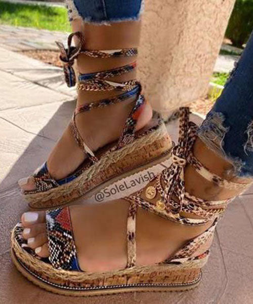 Khaki Peep Toe Faux Leather Splicing Lace Up Platform Sandals