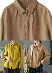 Khaki Peter Pan Collar Button Linen Shirt Long Sleeve