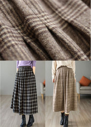 Khaki Plaid Cotton A Line Skirt Elastic Waist Thick Spring