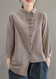 Khaki Plaid Cotton Blouse Tops Asymmetrical Button Long Sleeve