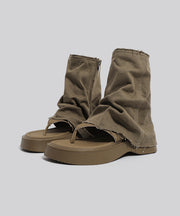 Khaki Platform Chic Hollow Out Denim Thong Sandals Boots