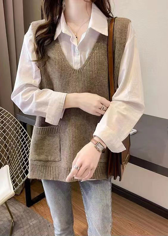 Khaki Pockets Cozy Knit Top Sleeveless