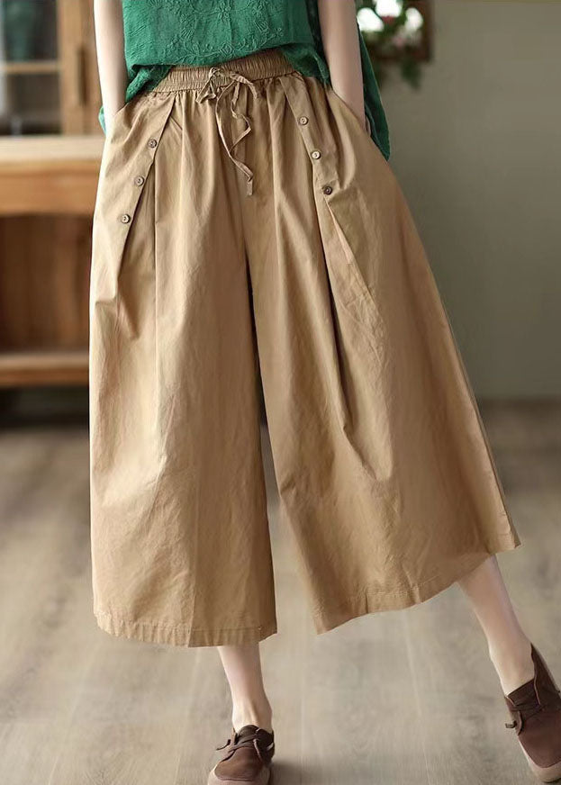 Khaki Pockets Patchwork Cotton Crop Pants Elastic Waist Summer