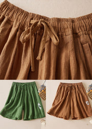 Khaki Pockets Patchwork Linen Shorts Embroideried Cinched Summer