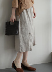 Khaki Pockets Patchwork Linen Skirt Elastic Waist Summer