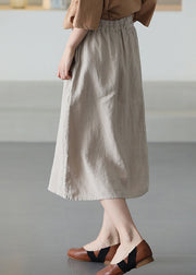 Khaki Pockets Patchwork Linen Skirt Elastic Waist Summer