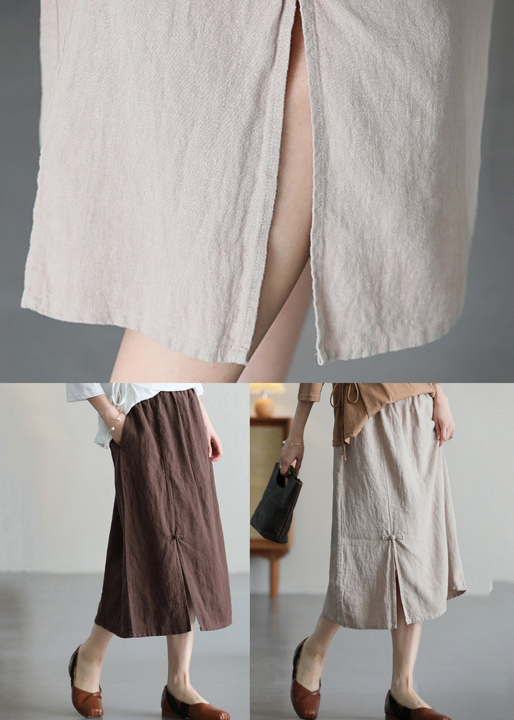 Khaki Pockets Patchwork Linen Skirt Elastic Waist Summer