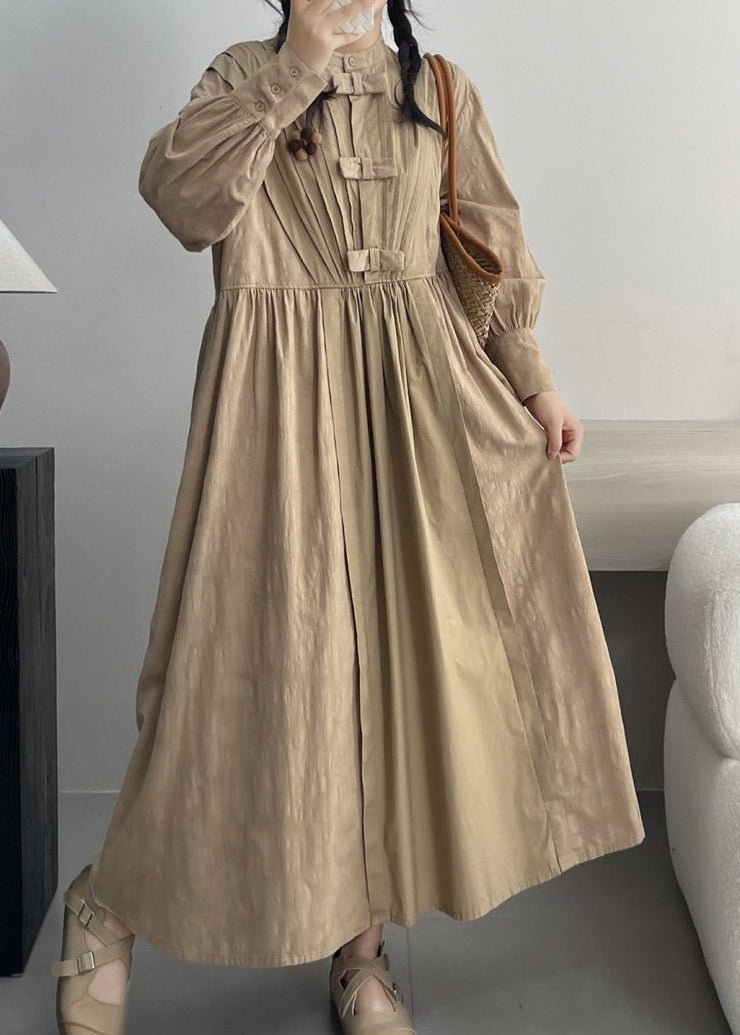 Khaki Pockets Solid Cotton Dresses Stand Collar Spring