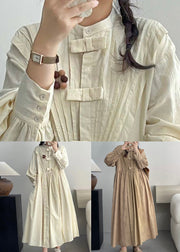 Khaki Pockets Solid Cotton Dresses Stand Collar Spring