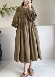 Khaki Pockets Wrinkled Corduroy Long Dress O Neck Long Sleeve