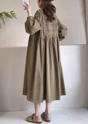 Khaki Pockets Wrinkled Corduroy Long Dress O Neck Long Sleeve