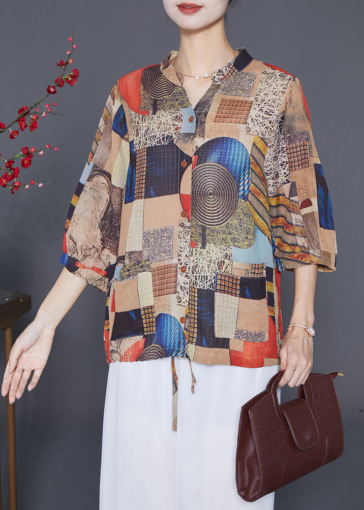 Khaki Print Chiffon Shirts Stand Collar Drawstring Half Sleeve