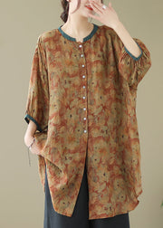 Print1 Linen Shirt Dresses O-Neck Oversized Lantern Sleeve