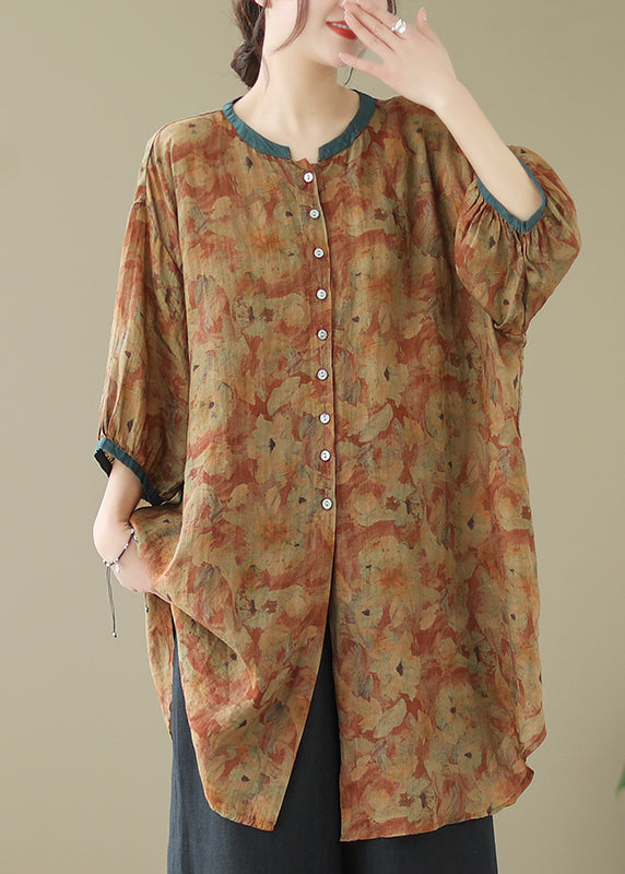 Print3 Linen Shirt Dresses O-Neck Oversized Lantern Sleeve