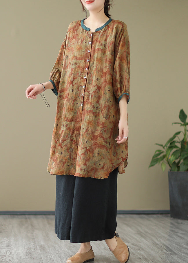 Print3 Linen Shirt Dresses O-Neck Oversized Lantern Sleeve