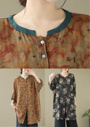 Print3 Linen Shirt Dresses O-Neck Oversized Lantern Sleeve