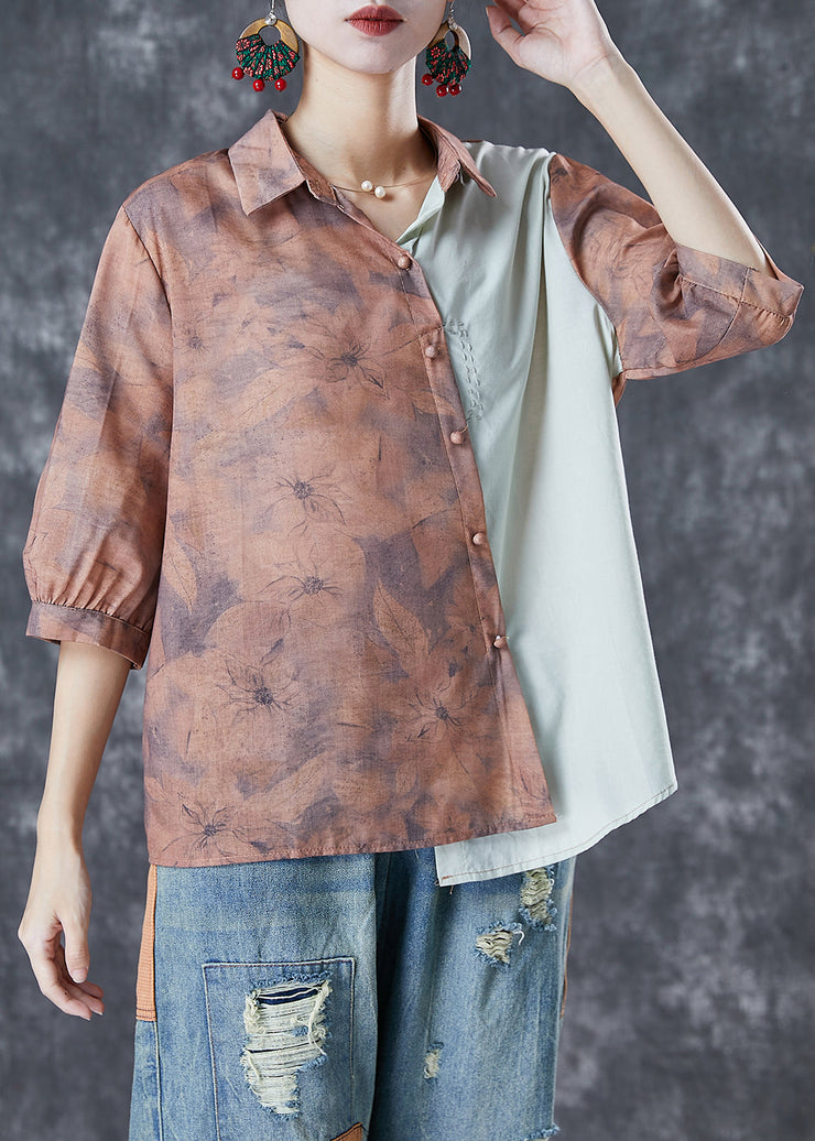 Khaki Print Patchwork Linen Shirt Top Asymmetrical Half Sleeve