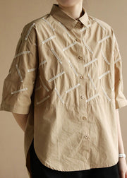 Khaki Side Open Cotton Shirt Tops Low High Design Half Sleeve