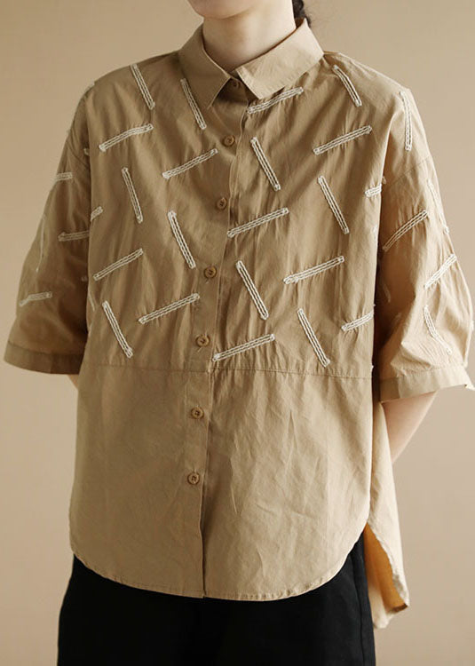 Khaki Side Open Cotton Shirt Tops Low High Design Half Sleeve