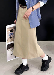 Khaki Side Open Solid Cotton Skirt High Waist