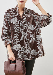 Khaki Silk Velour Shirt Tops Stand Collar Leaf Sequins Spring