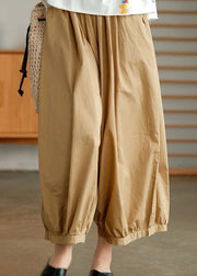 Khaki Solid Pockets Cotton Wide Leg Pants High Waist Summer