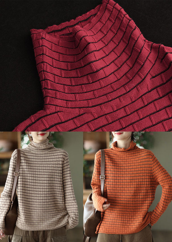 Khaki Striped Knit Sweater Tops Turtle Neck Oversized Winter