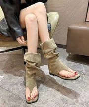 Khaki Thong Sandals Boots Peep Toe Splicing Suede Wedge