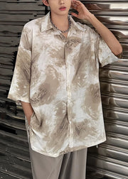 Khaki Tie Dye Ice Silk Men Shirts Peter Pan Collar Summer