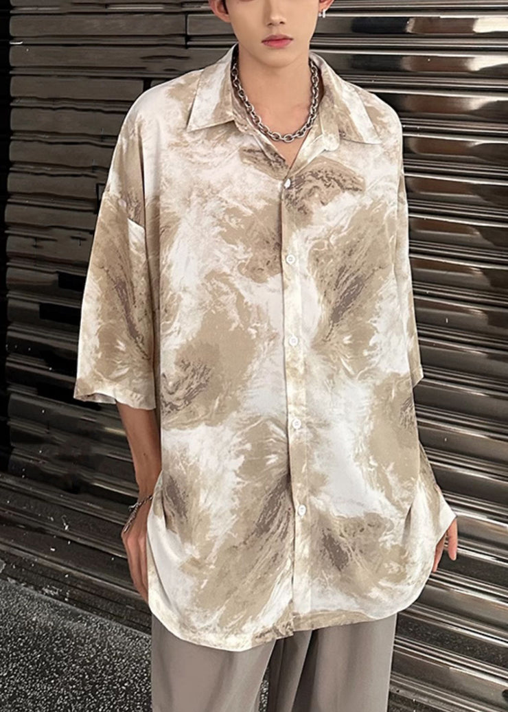 Khaki Tie Dye Ice Silk Men Shirts Peter Pan Collar Summer